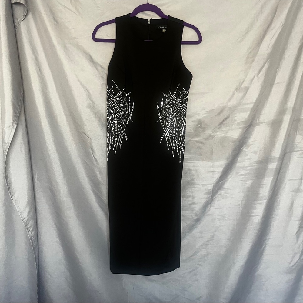 Andrew Marc Black Midi Dress with Silver Detailing